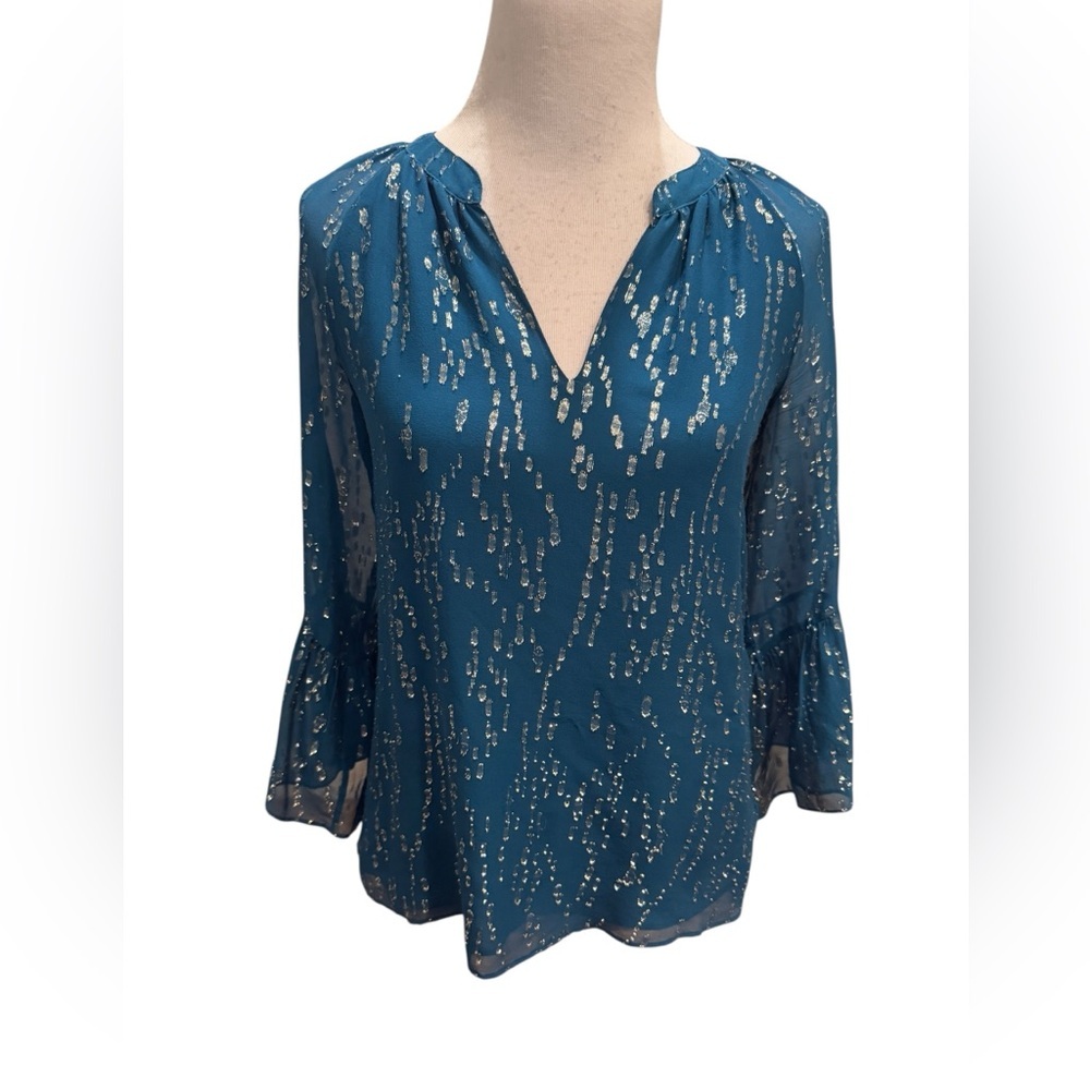 Lilly Pulitzer Matilda Silk Chiffon Blouse Teal Blue Top w/Silver Accents Sz: XS